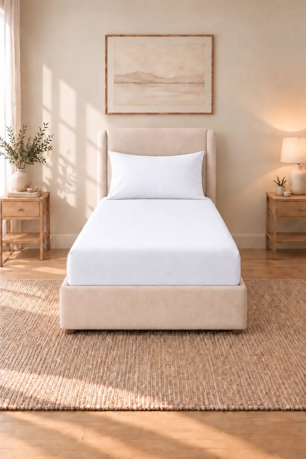 Cearșaf de pat cu elastic 90x200 cm și față de pernă din bumbac Ranforce, culoare alb, pe pat de o persoană
