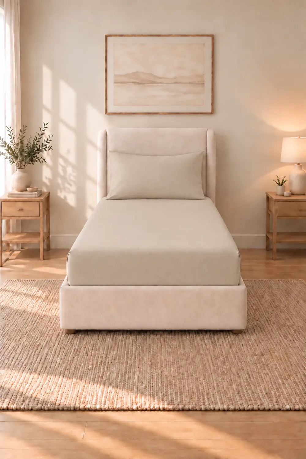 Cearșaf de pat cu elastic 90x200 cm și față de pernă din bumbac Ranforce, culoare bej, pe pat de o persoană