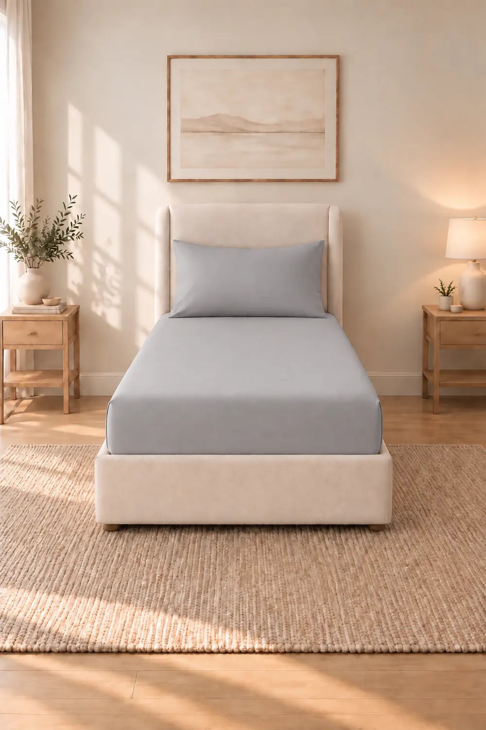 Cearșaf de pat cu elastic 90x200 cm și față de pernă din bumbac Ranforce, culoare gri, pe pat de o persoană