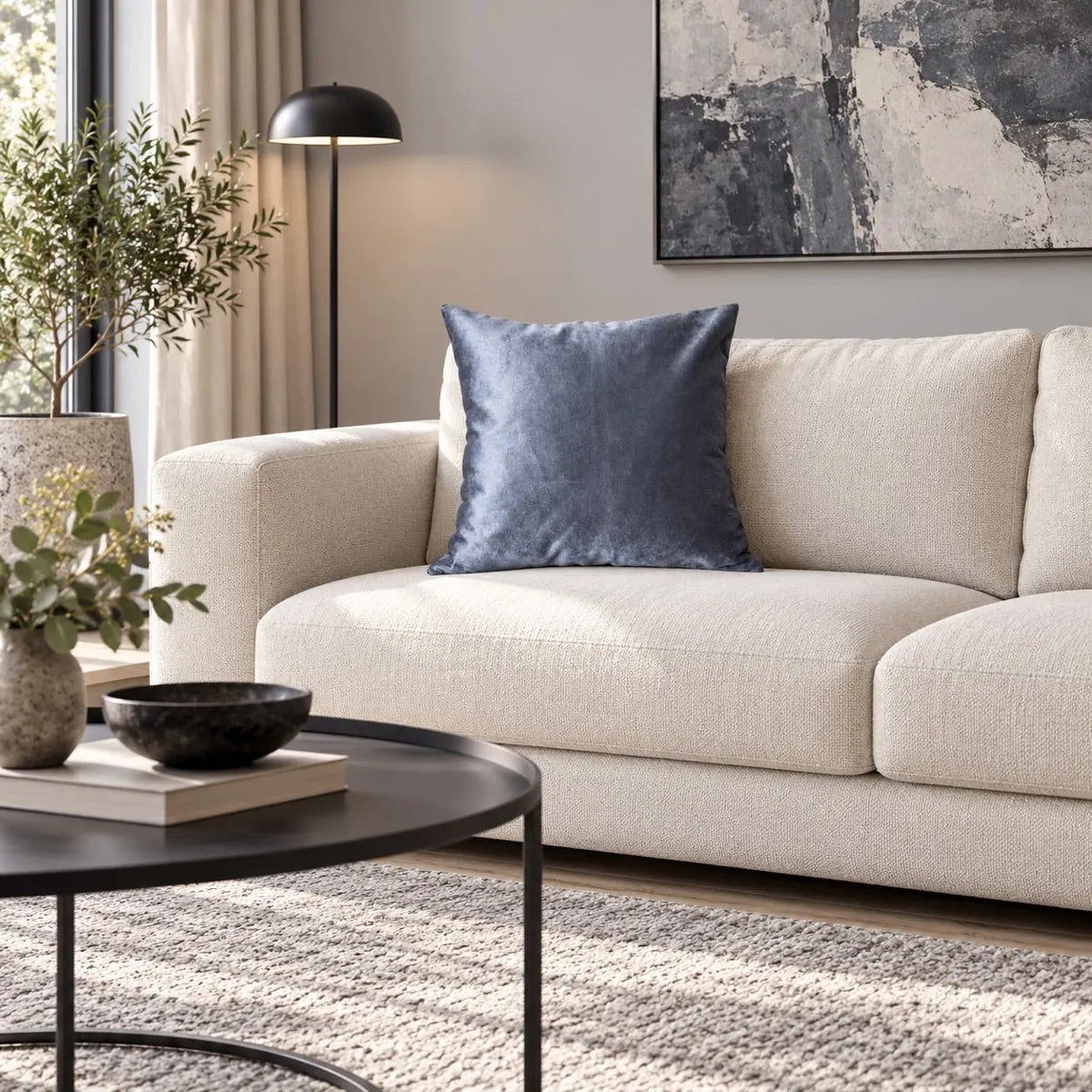 Față de pernă decorativă albastră cu aspect catifelat în living