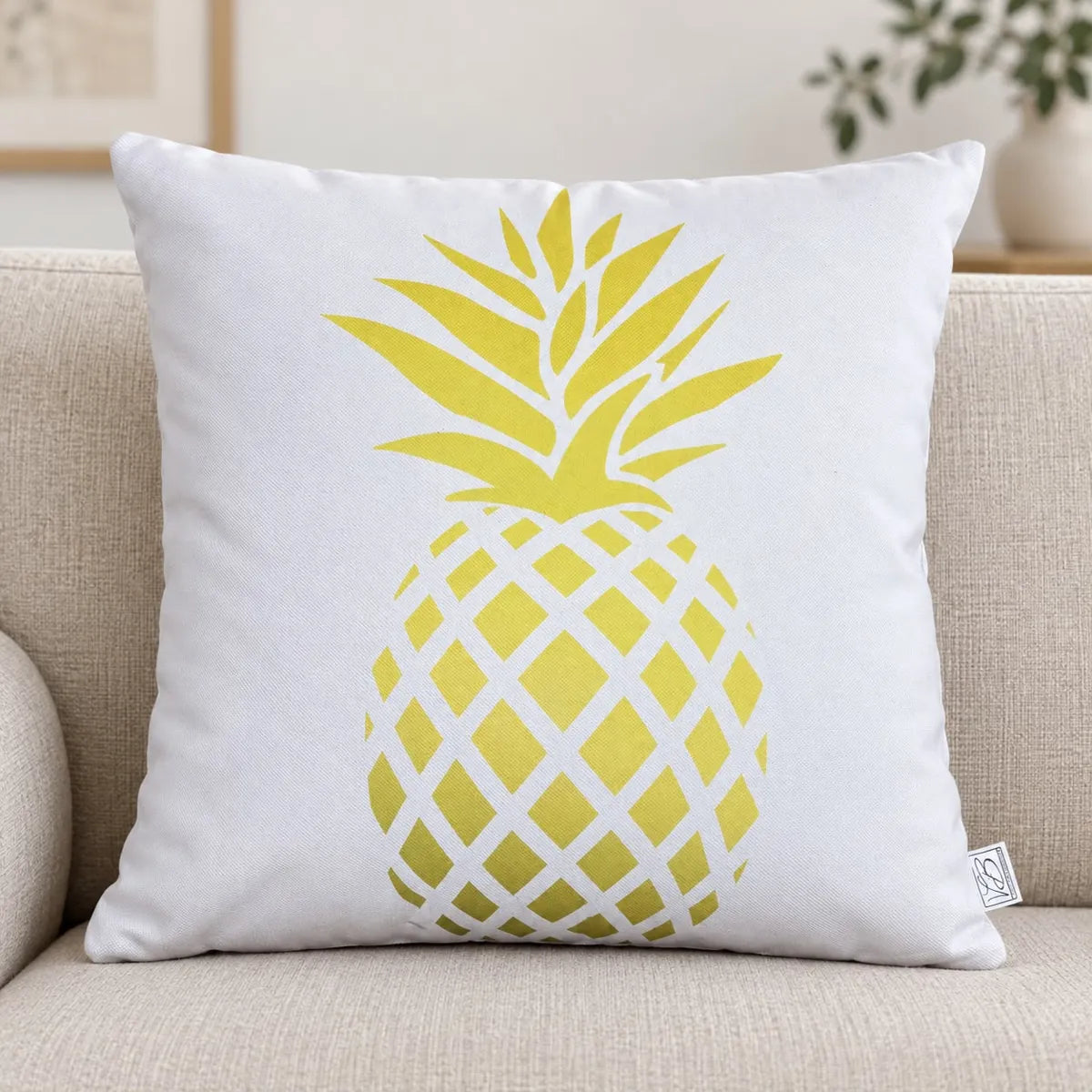 Față de pernă decorativă 45x45 cu ananas galben pe fond alb