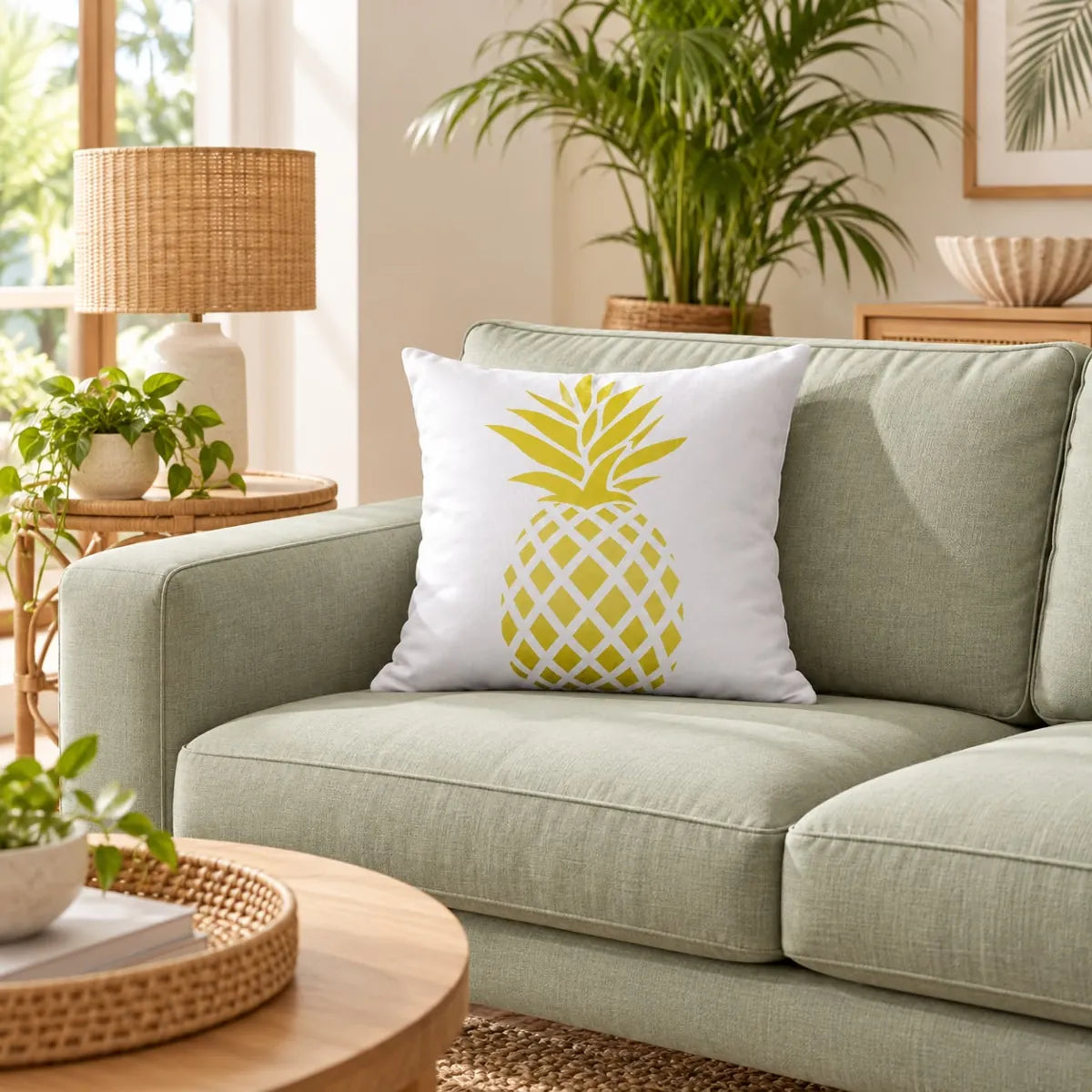 Față de pernă decorativă cu ananas galben pe fond alb în living