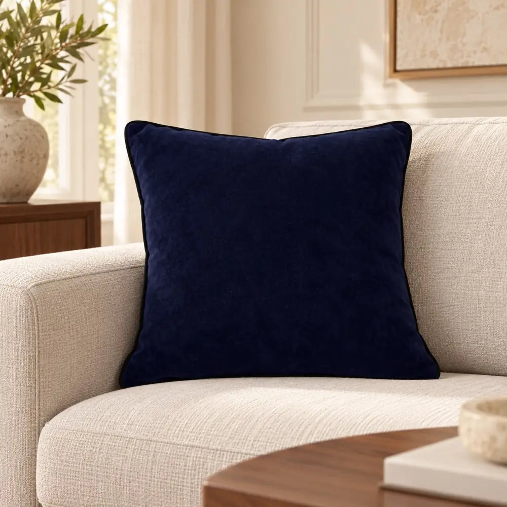 Față de pernă decorativă bleumarin catifelat cu paspoal negru în living
