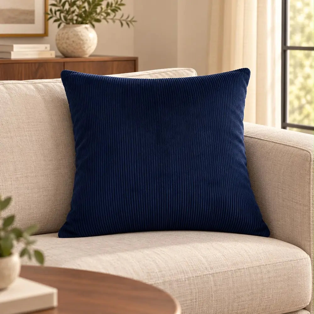 Față de pernă decorativă bleumarin cu aspect reiat în living