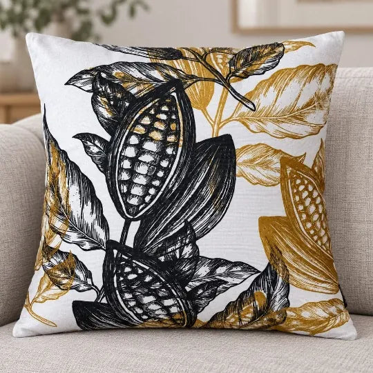 Față de pernă decorativă 45x45 cu boabe de cacao alb-negru-auriu