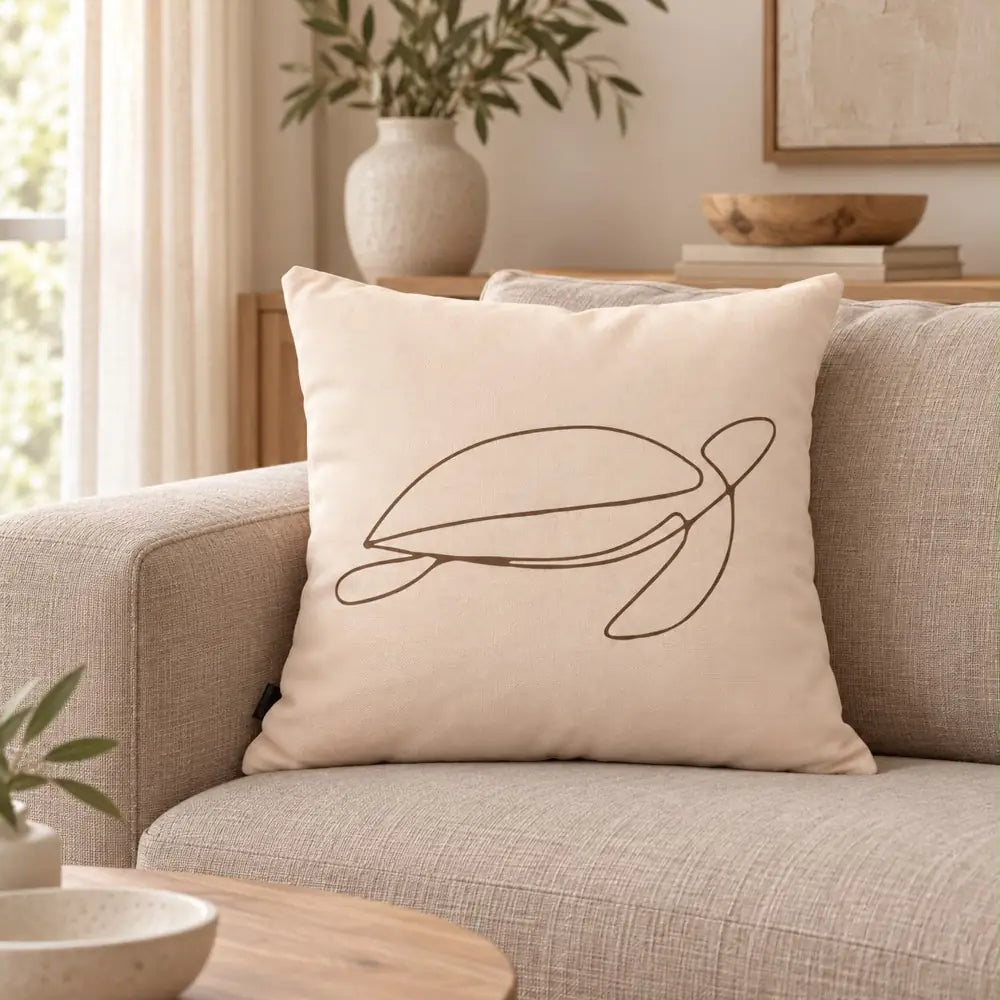 Față de pernă decorativă broască țestoasă desenată pe fond crem pe canapea