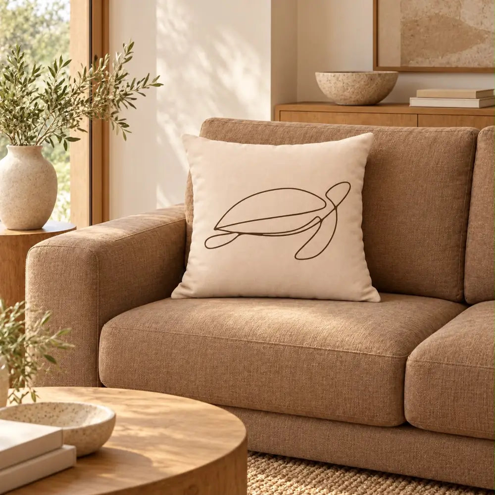 Față de pernă decorativă broască țestoasă desenată pe fond crem în living
