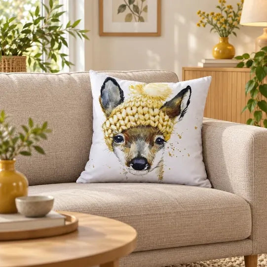Față de pernă decorativă cu căprioară cu căciulă galbenă pe canapea