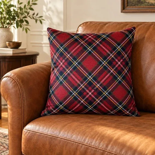 Față de pernă decorativă cu carouri roșii tartan pe canapea