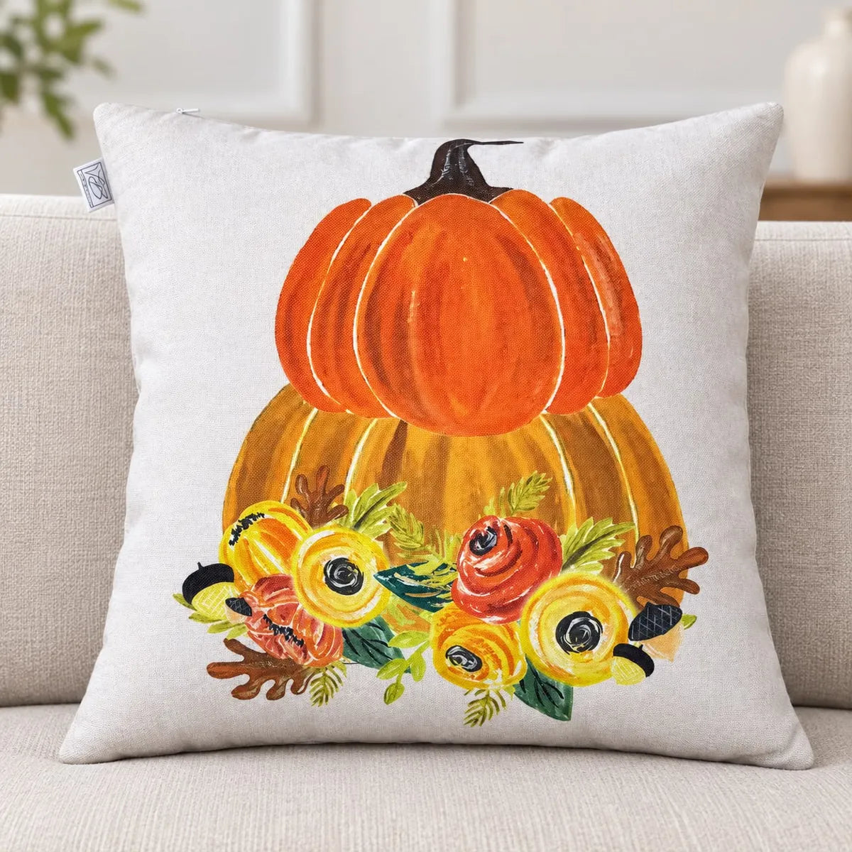Față de pernă decorativă 45x45 cu dovleci și flori de toamnă