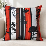 Față de pernă decorativă 45x45 cu dungi roșii și negre și siluete de flori