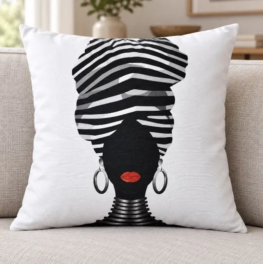 Față de pernă decorativă 45x45 cu portret de femeie cu turban alb-negru