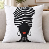 Față de pernă decorativă 45x45 cu portret de femeie cu turban alb-negru