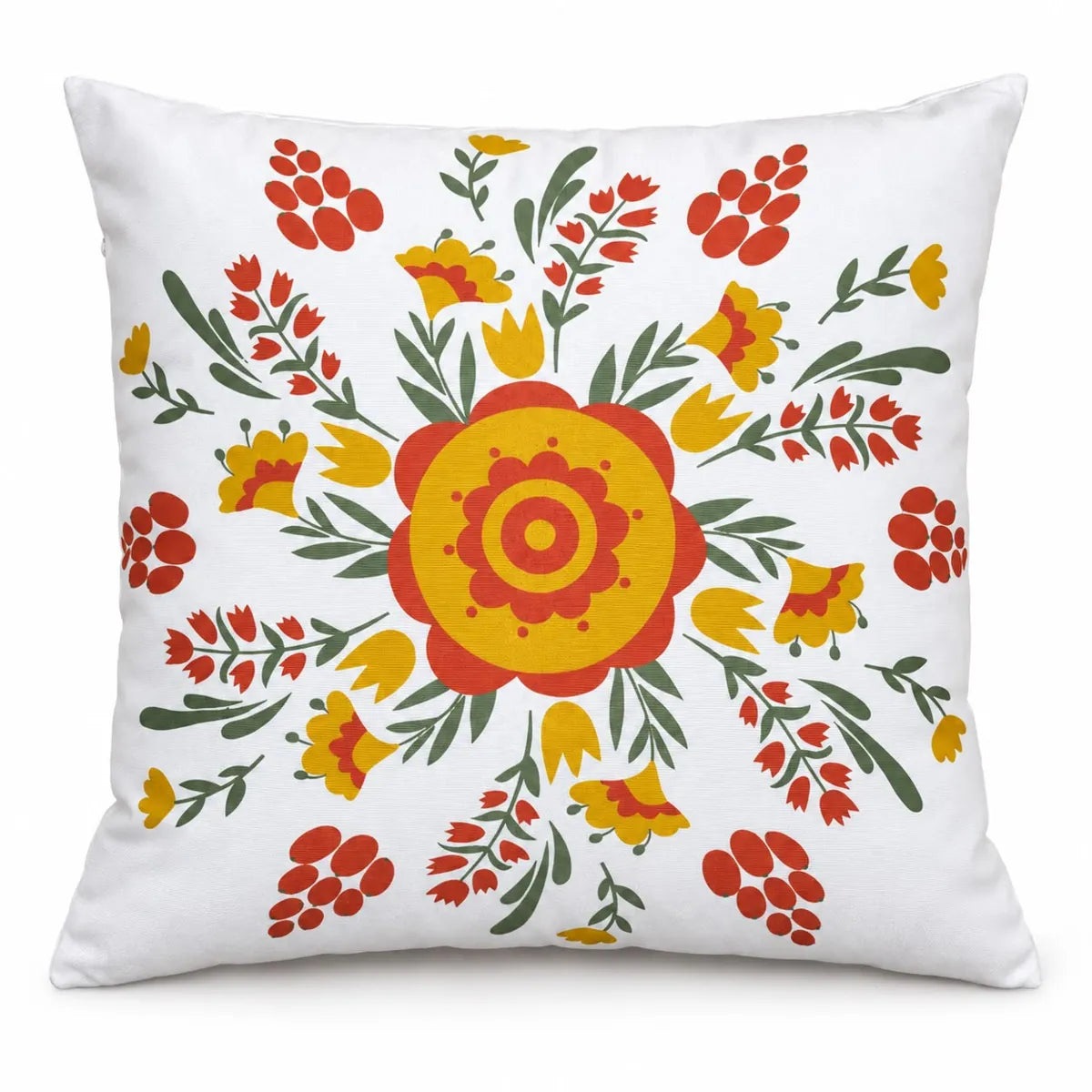 Față de pernă decorativă 45x45 cu floare galbenă și buchețele roșii