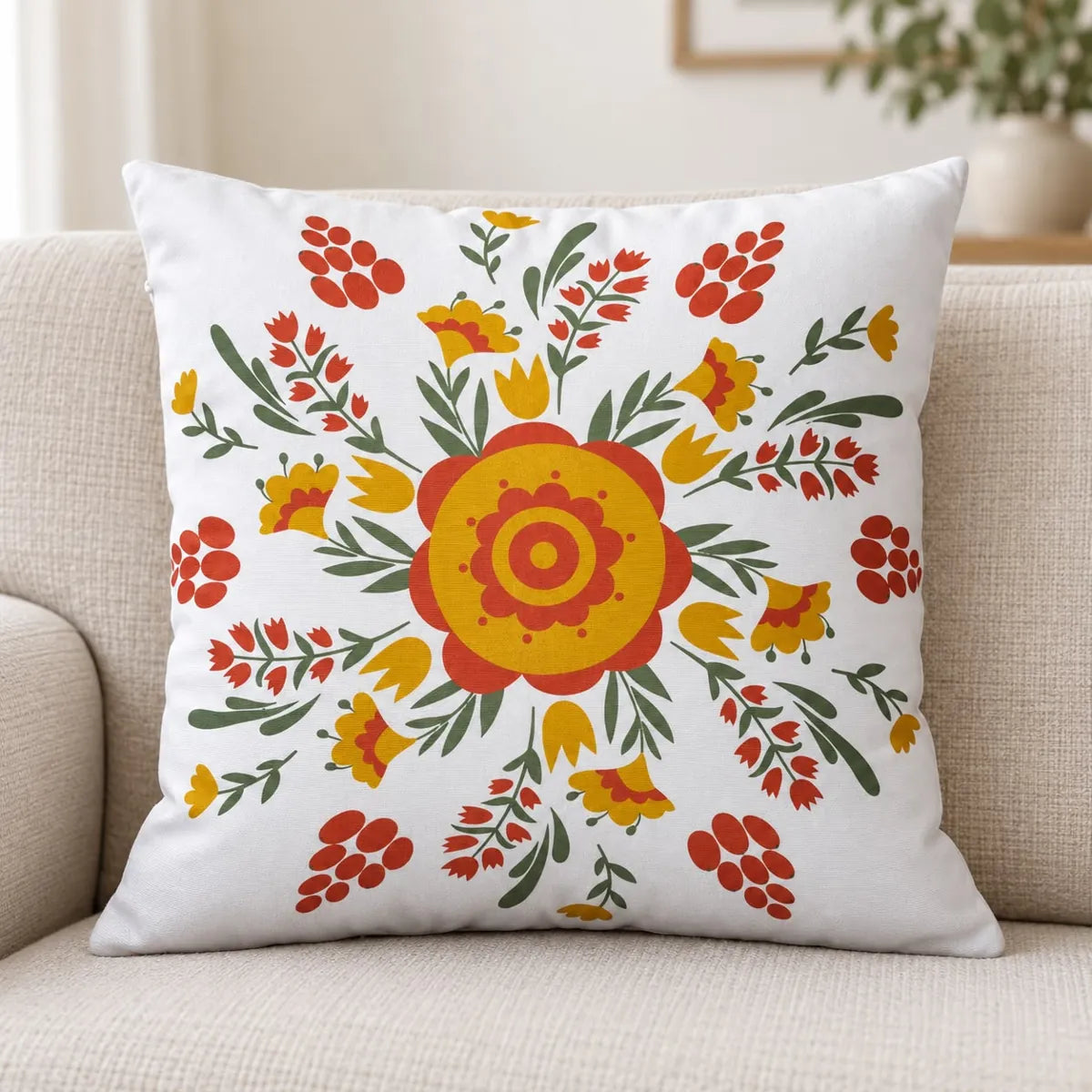 Față de pernă decorativă cu floare galbenă și buchețele roșii pe canapea