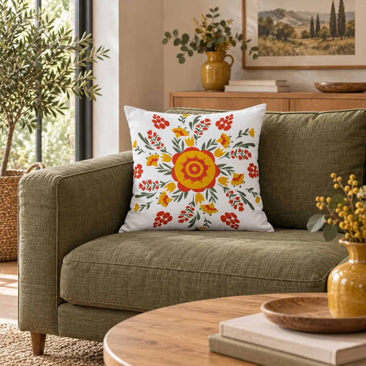 Față de pernă decorativă cu floare galbenă și buchețele roșii în living