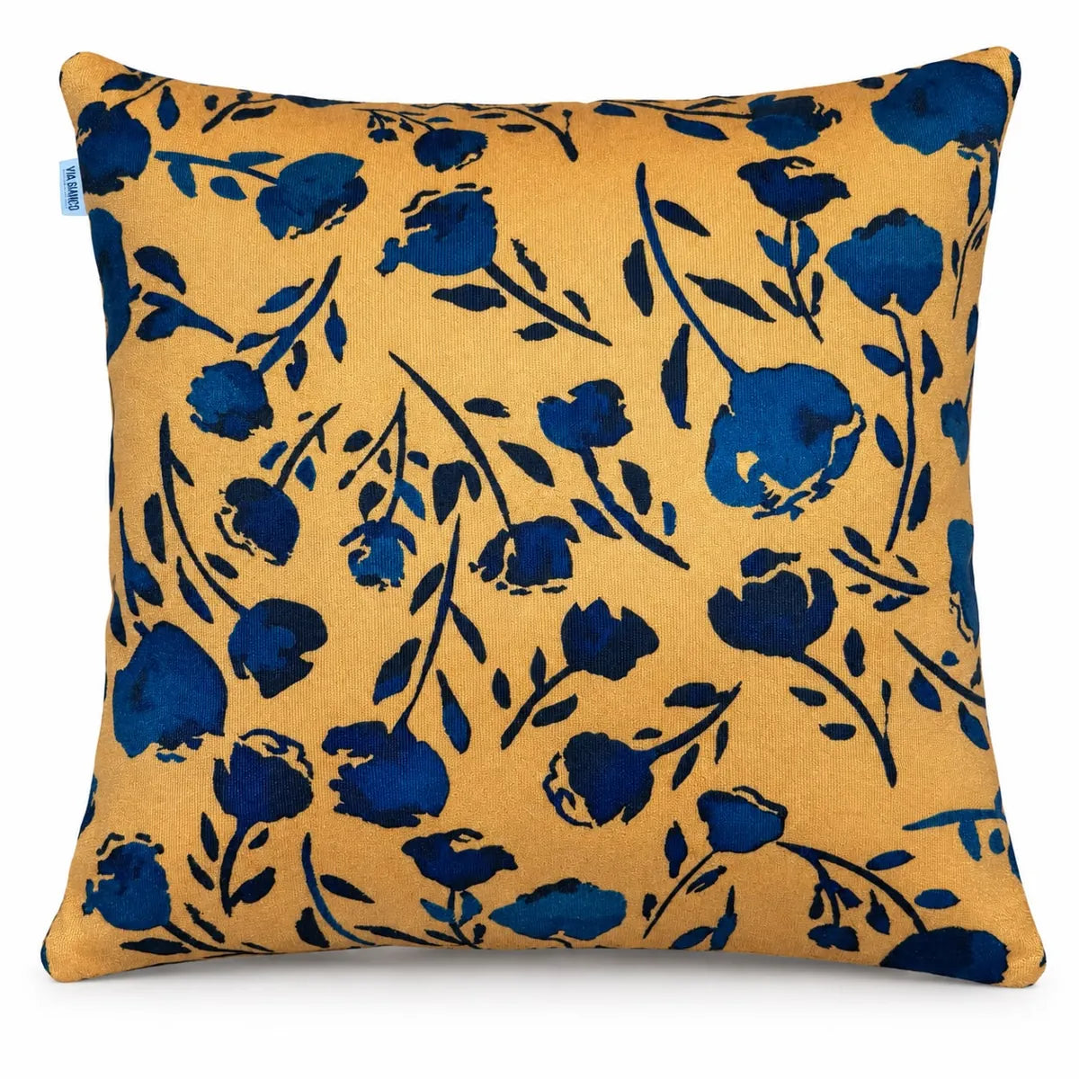 Față de pernă decorativă 45x45 cu flori albastre pe fond muștar