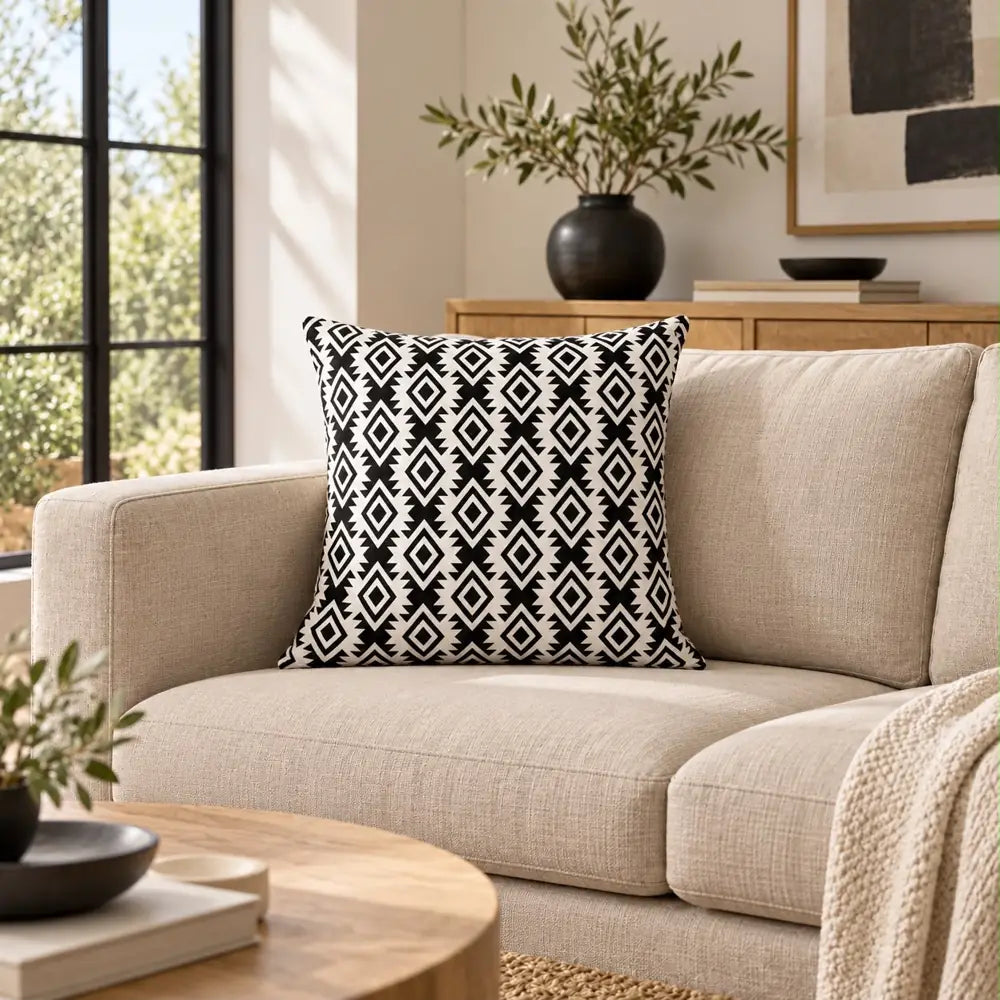 Față de pernă decorativă model geometric alb-negru pe canapea