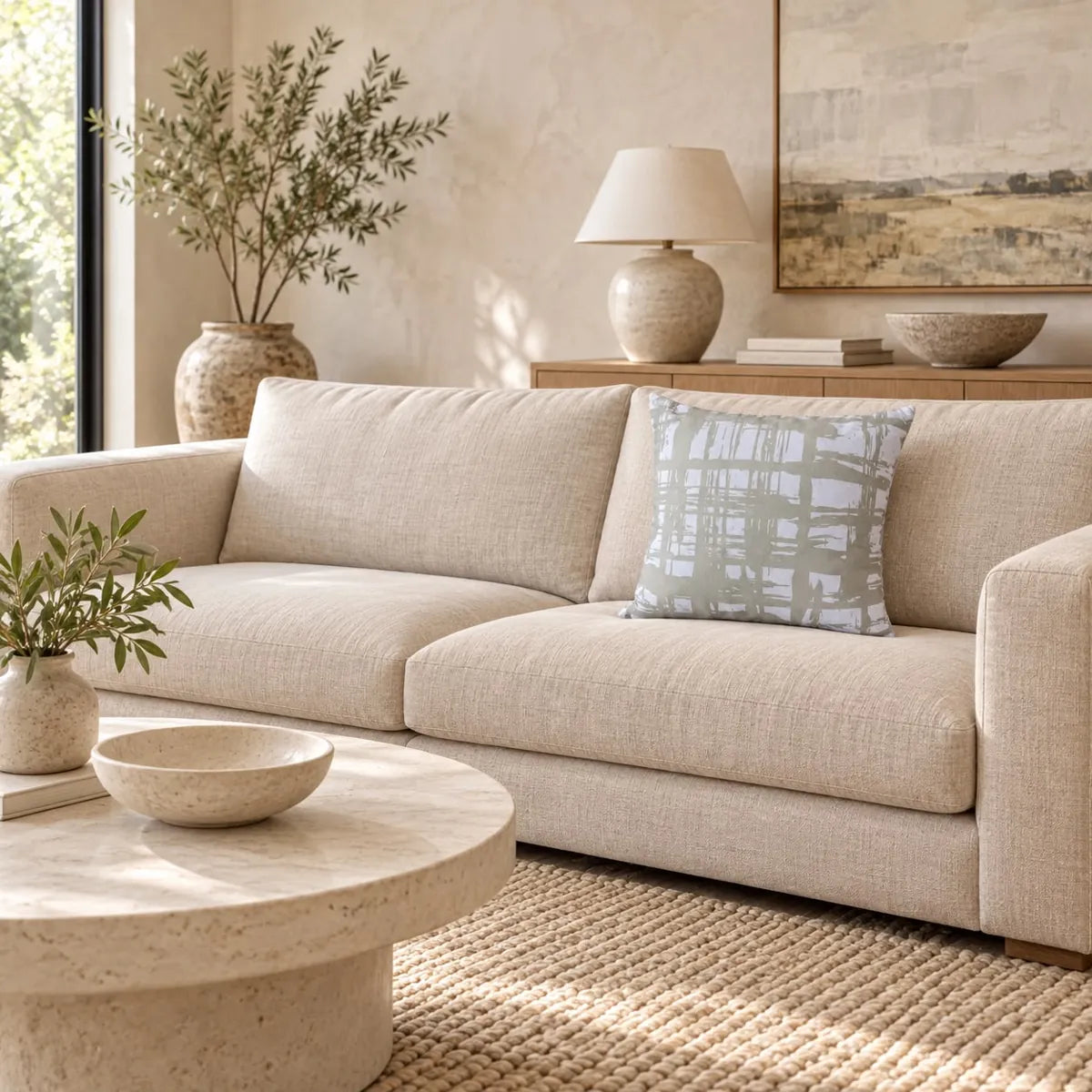 Față de pernă decorativă cu model abstract gri pensulat în living