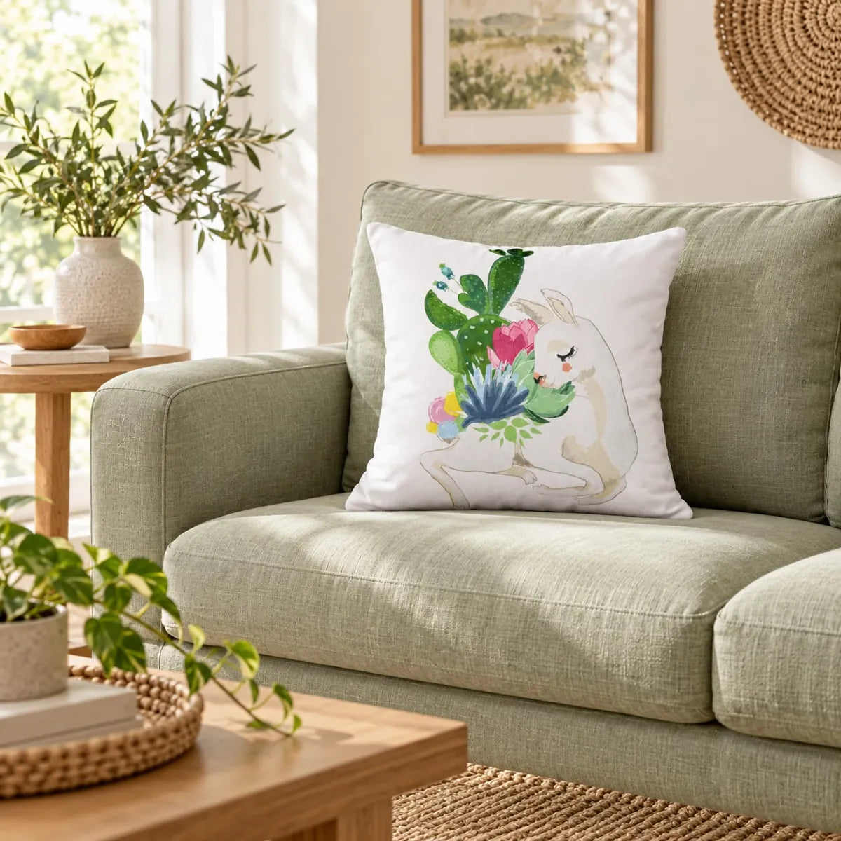 Față de pernă decorativă cu lamă și cactuși înfloriți în living