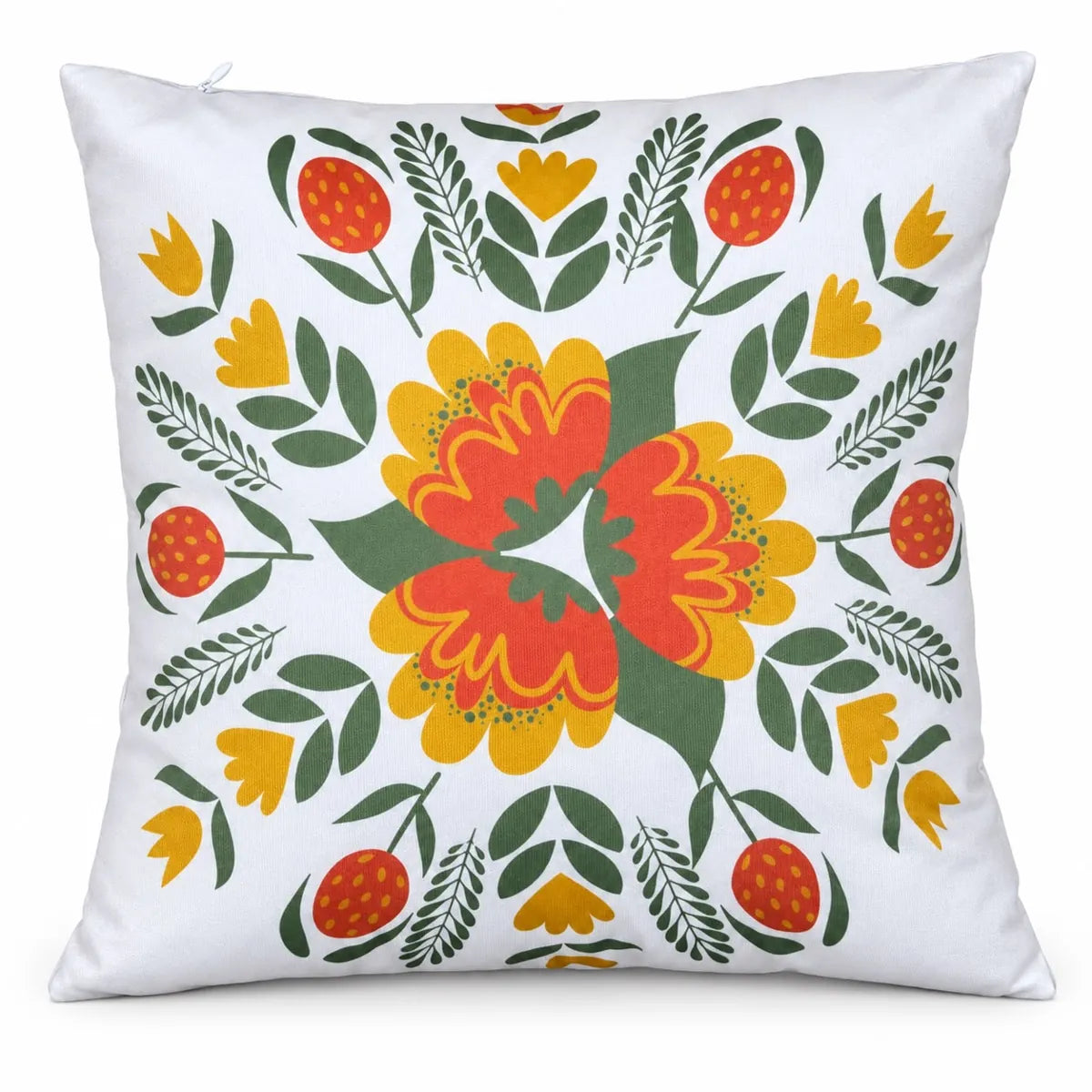 Față de pernă decorativă 45x45 cu mandala de flori portocalii pe fond alb