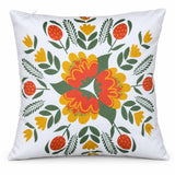Față de pernă decorativă 45x45 cu mandala de flori portocalii pe fond alb