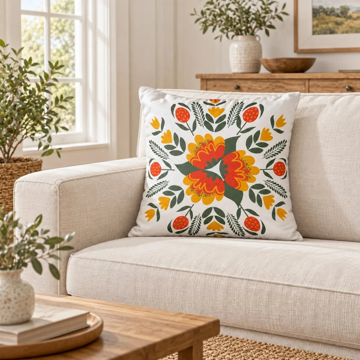 Față de pernă decorativă cu mandala de flori portocalii pe fond alb pe canapea