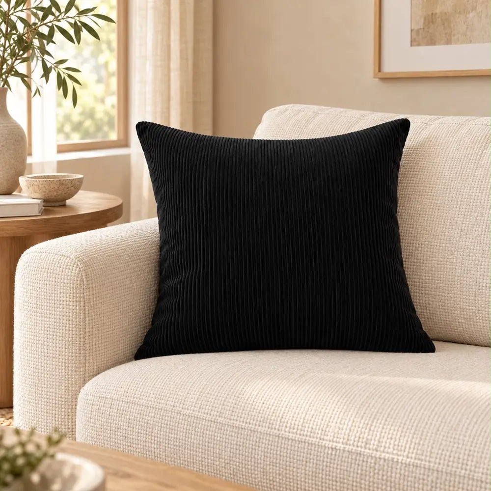 Față de pernă decorativă negru cu aspect reiat pe canapea