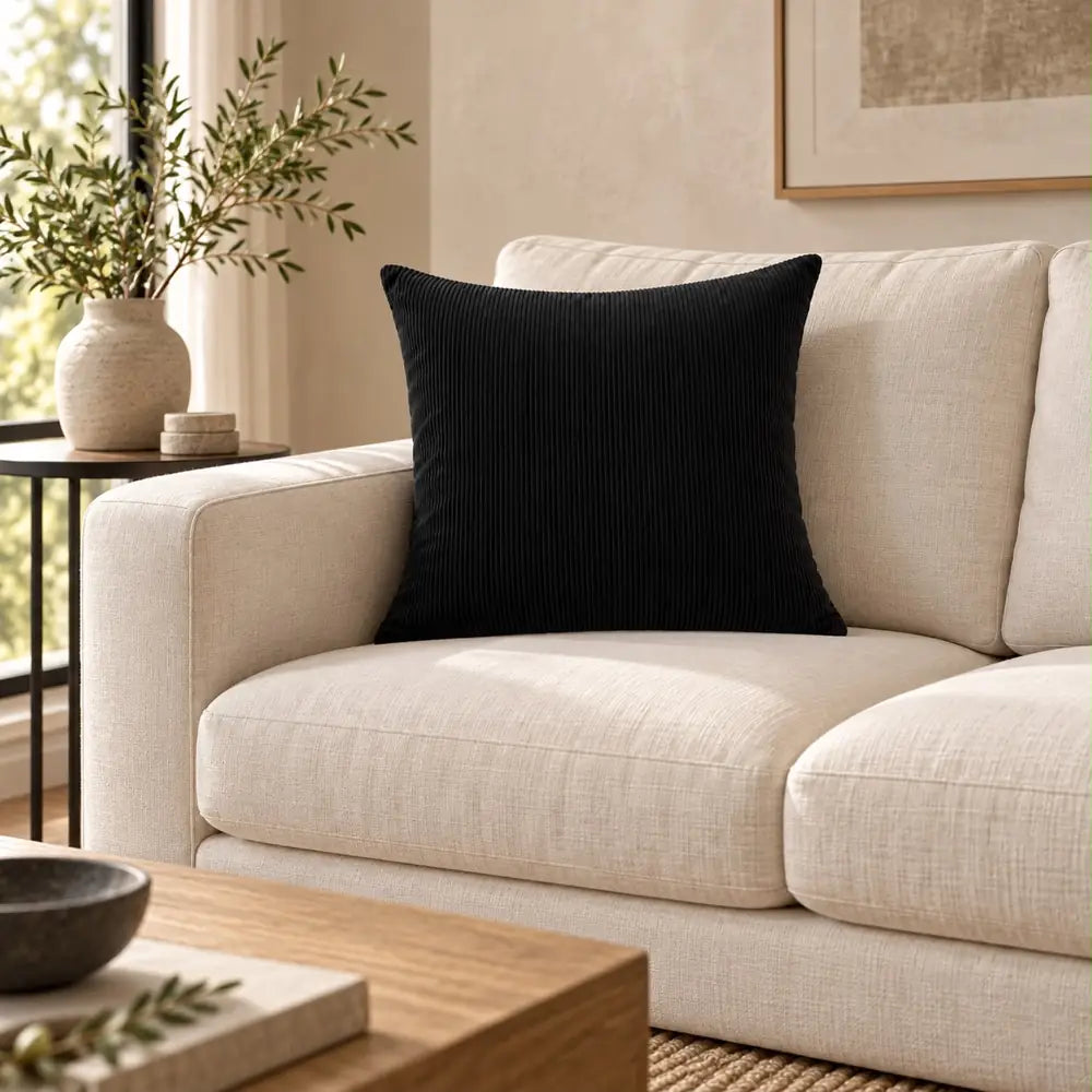 Față de pernă decorativă negru cu aspect reiat în living