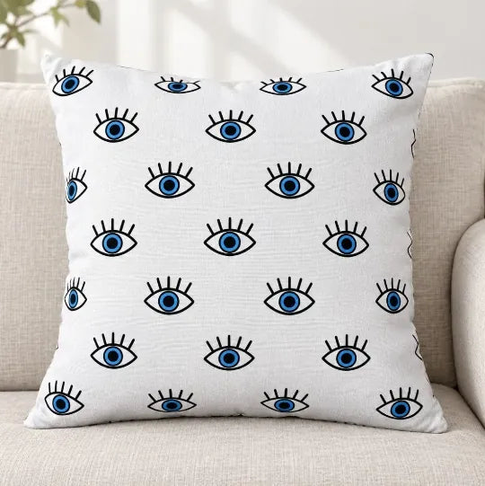 Față de pernă decorativă 45x45 cu ochi albaștri pe fond alb