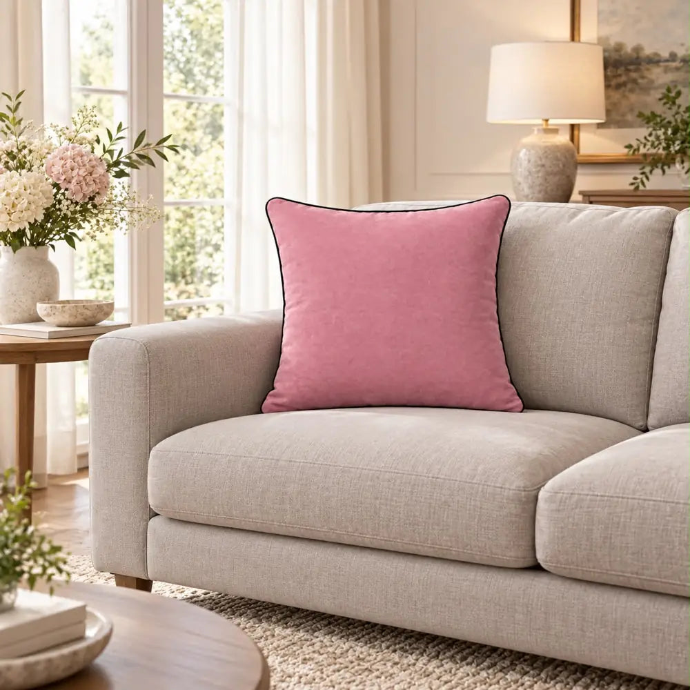 Față de pernă decorativă roz cu paspoal negru în living