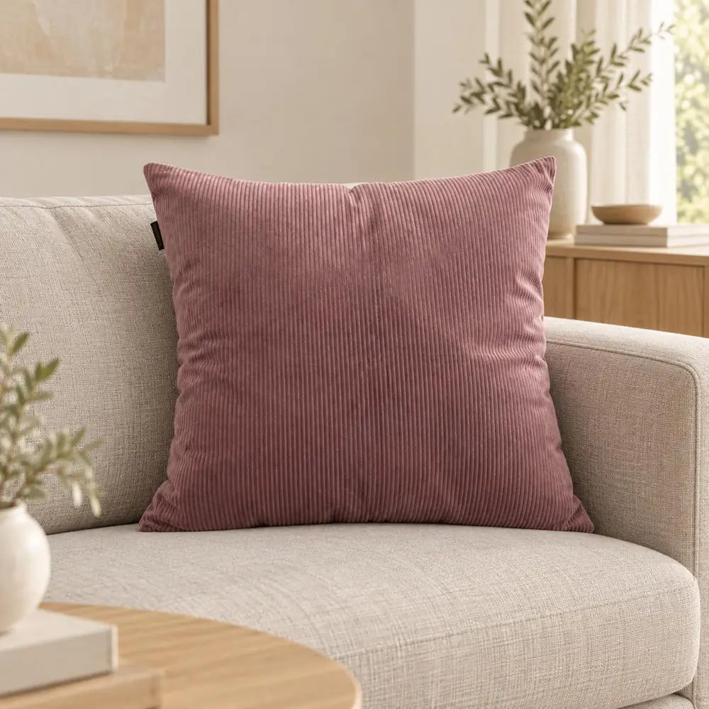 Față de pernă decorativă roz pudrat cu aspect reiat în living