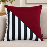 Față de pernă decorativă 45x45 cu triunghi vișiniu și dungi alb-negru
