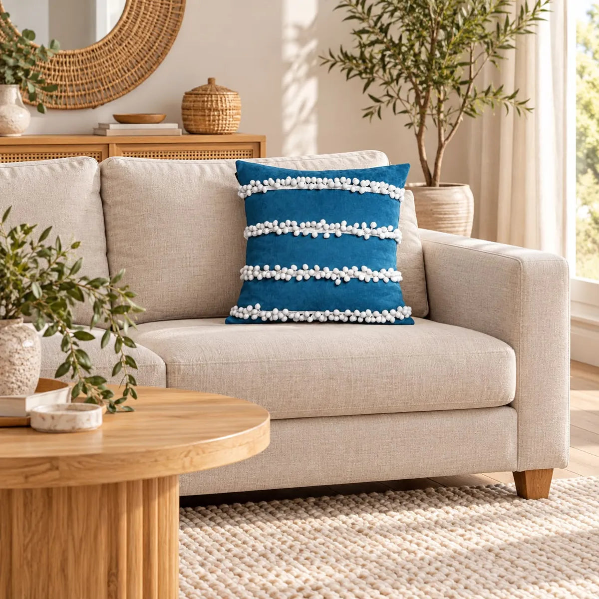 Față de pernă decorativă turcoaz cu ciucurei albi în living