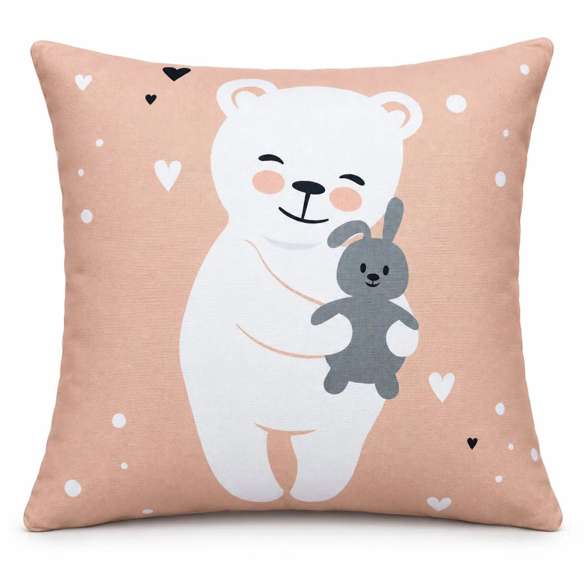 Față de pernă decorativă 45x45 cu ursuleț și iepuraș pe fond roz