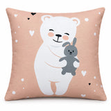 Față de pernă decorativă 45x45 cu ursuleț și iepuraș pe fond roz