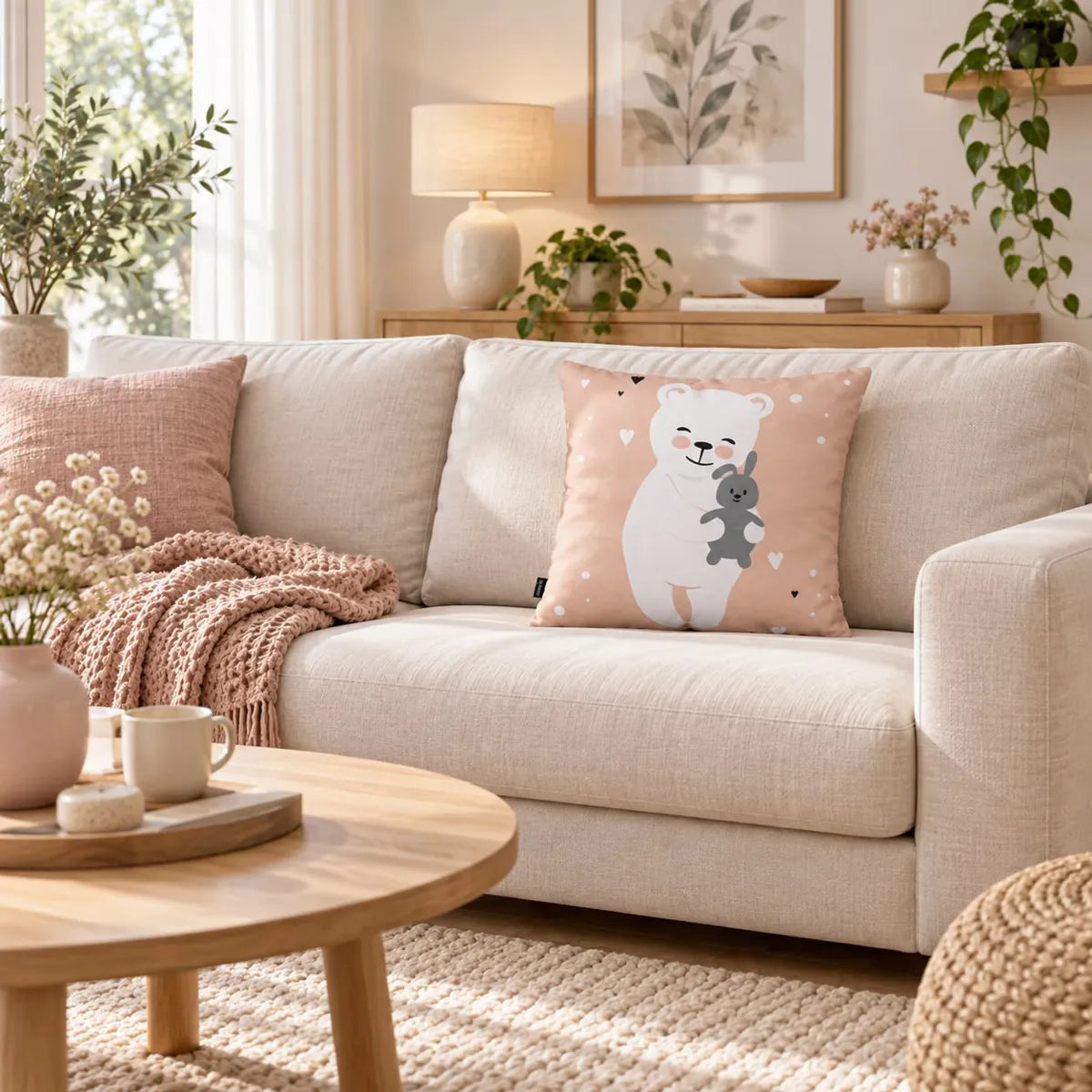 Față de pernă decorativă cu ursuleț și iepuraș pe fond roz în living
