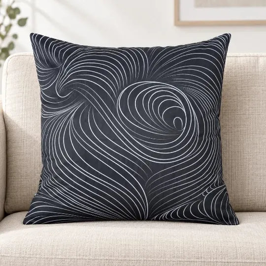 Față de pernă decorativă 45x45 cu valuri albe pe fond negru