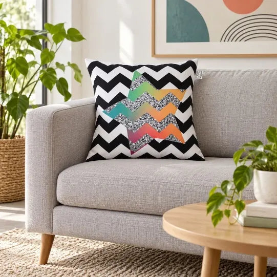 Față de pernă decorativă cu zigzag alb-negru și stea în degrade pe canapea