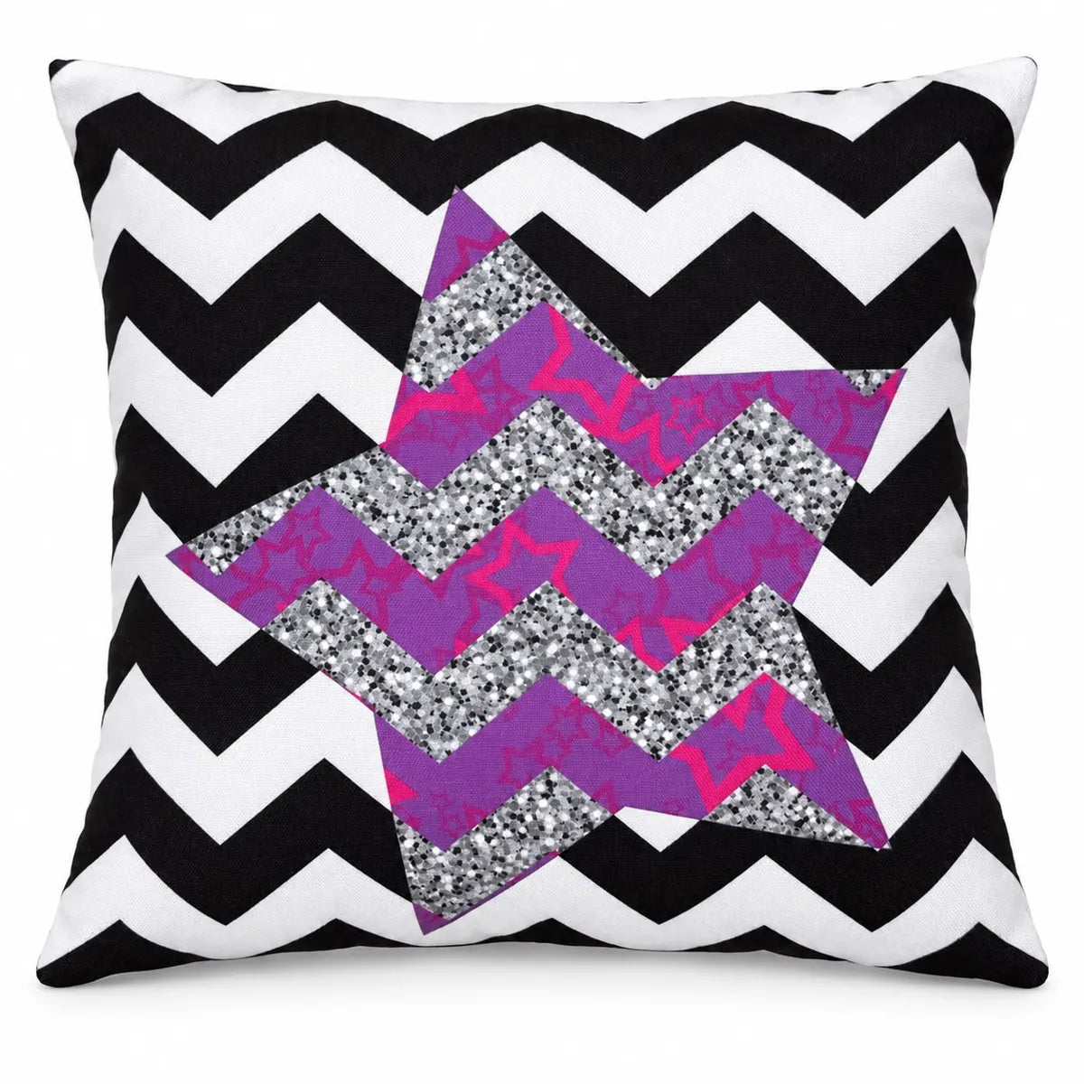 Față de pernă decorativă 45x45 cu zigzag alb-negru și stea roz