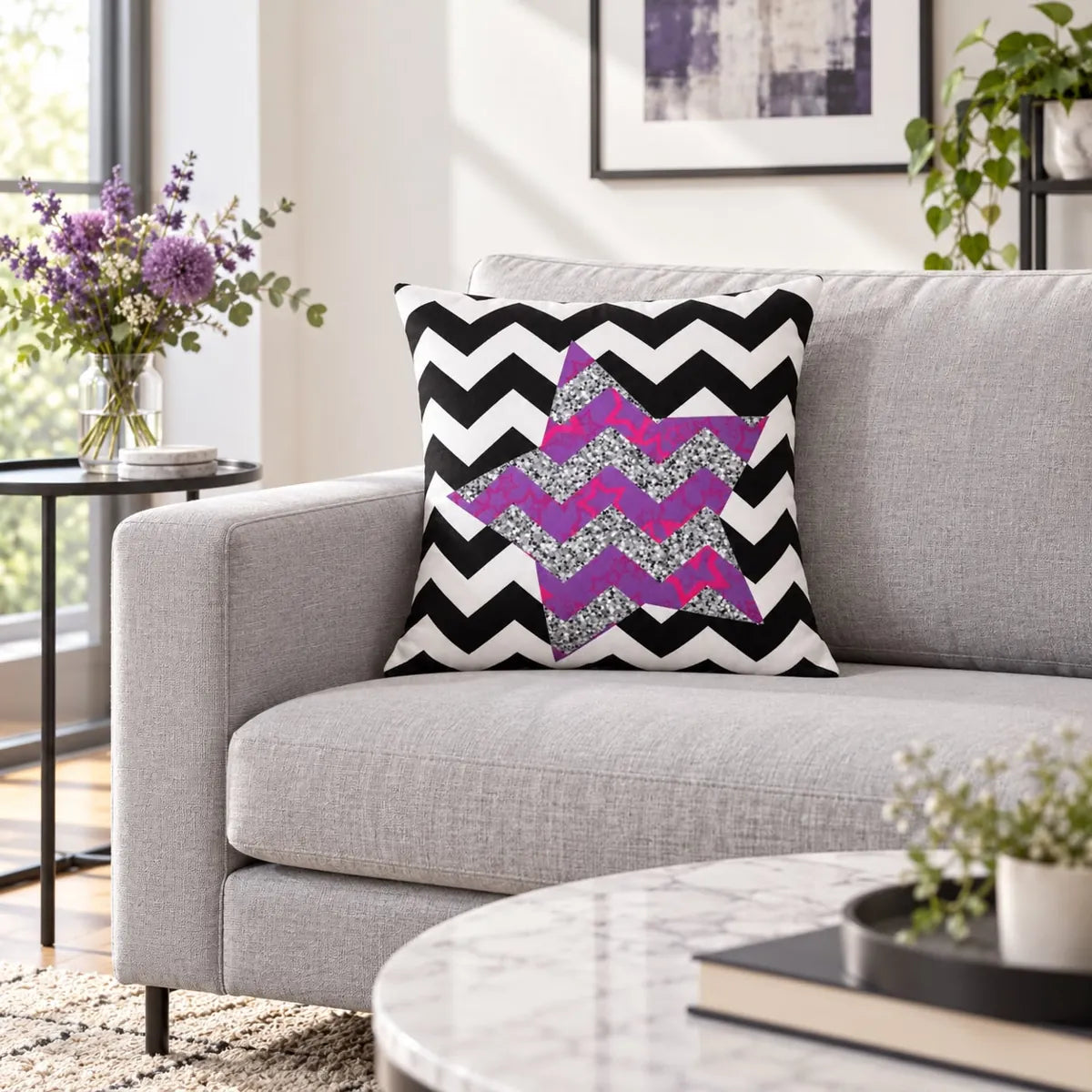 Față de pernă decorativă cu zigzag și stea roz în living