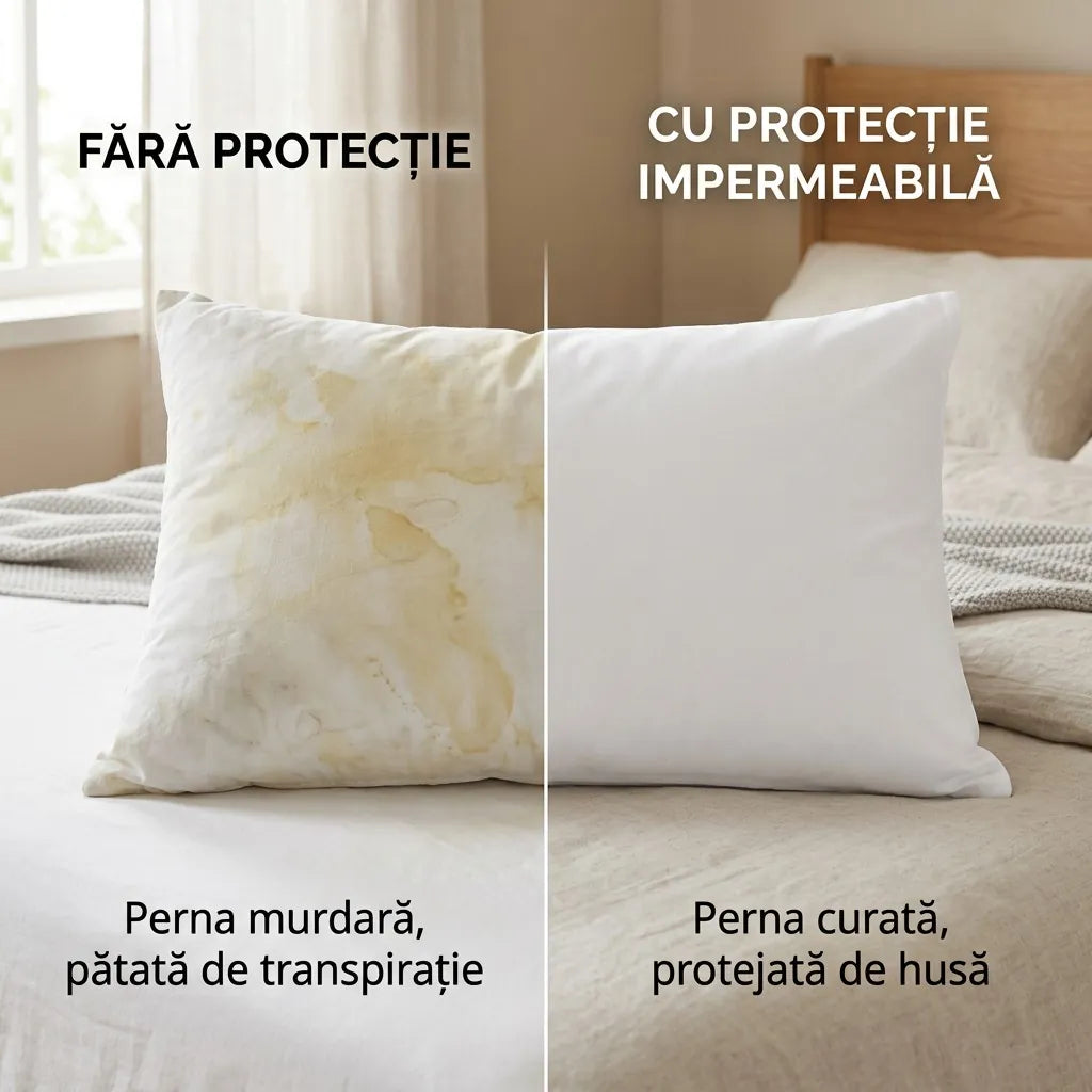 Pernă fără protecție, pătată de transpirație, comparată cu perna protejată de husa impermeabilă