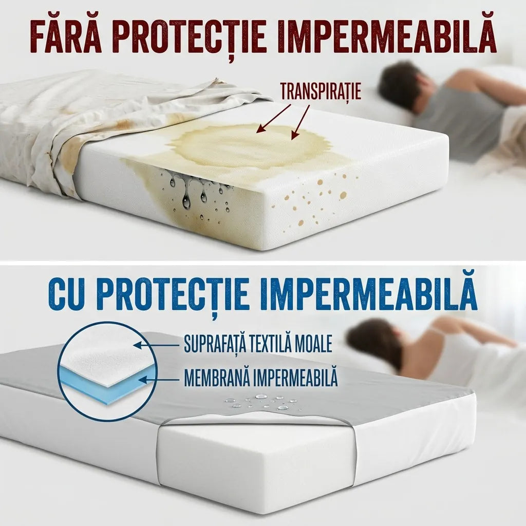 Saltea fără protecție, cu pete de transpirație, comparată cu salteaua cu protecție impermeabilă: suprafață textilă moale și membrană impermeabilă